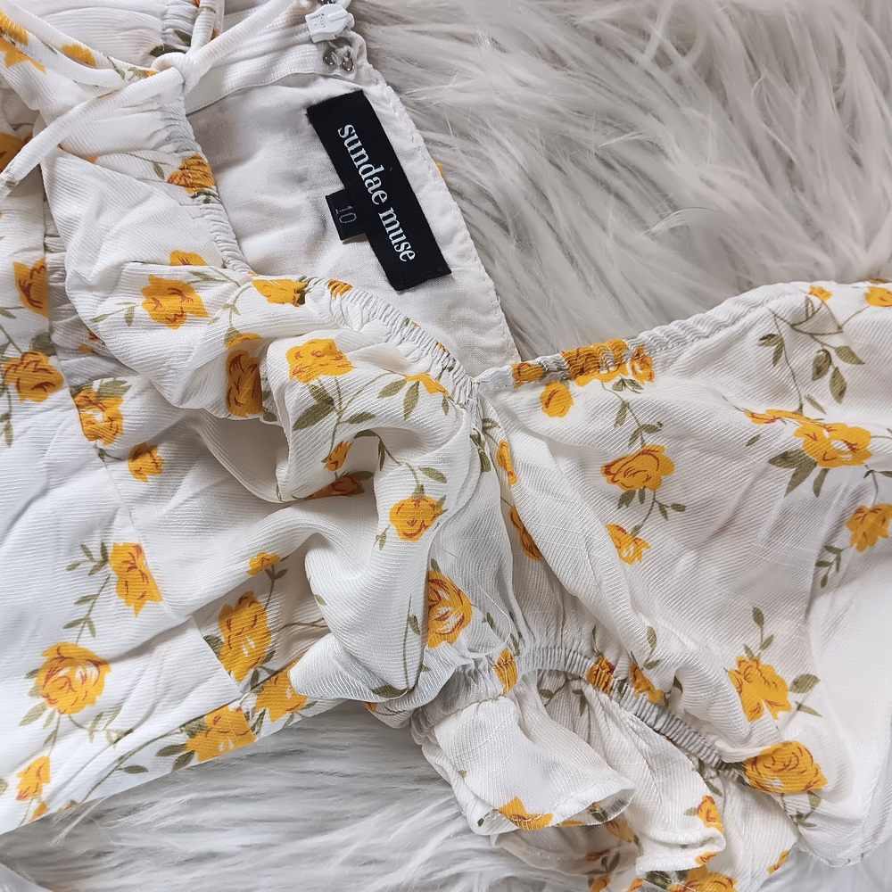 Sundae Muse White & Yellow Floral Puff Sleeve Milkmaid Tie Front Midi Dress - Picture 4 of 11
